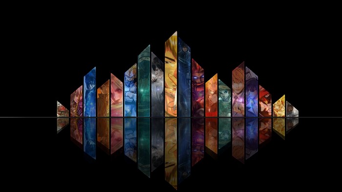 Anime characters in stained glass style with reflection