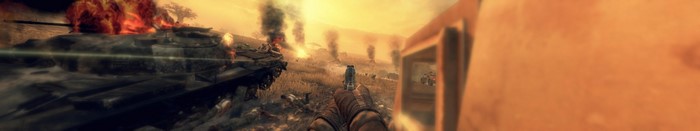 Screenshot from a video game with a burning tank