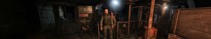 Characters in a dark, dilapidated alleyway in Metro 2033