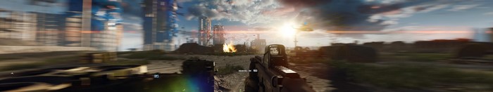 Battlefield 4 first-person view with buildings and explosions