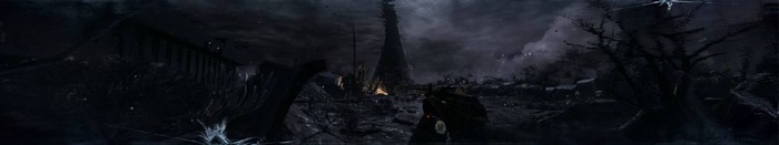 Metro 2033 screenshot of a dark, ruined landscape
