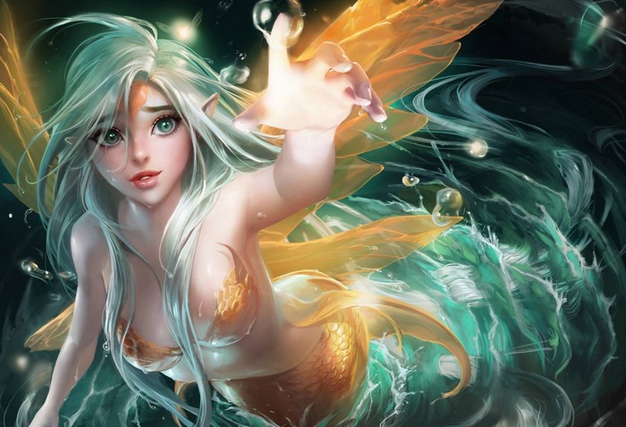 Mermaid with flowing hair and golden tail in water