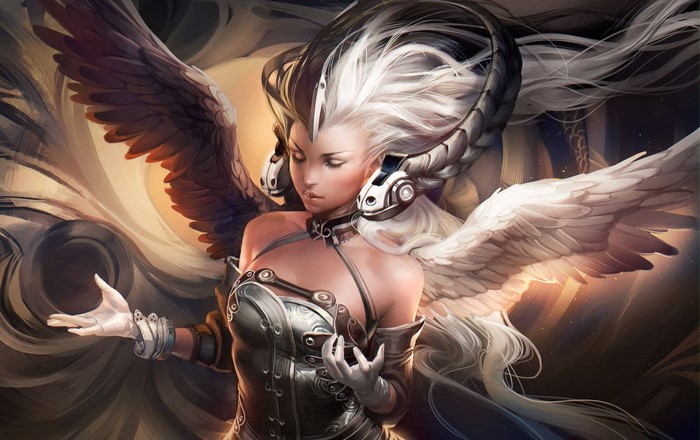 Woman with wings and headphones, digital art