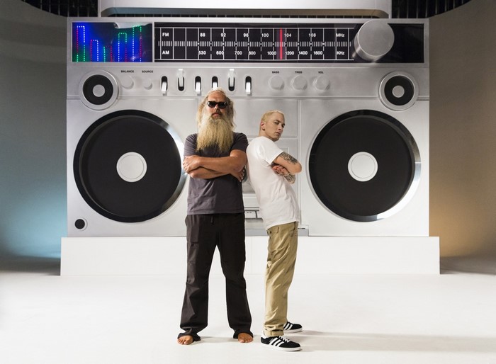 Rick Rubin and Eminem in front of a giant boombox
