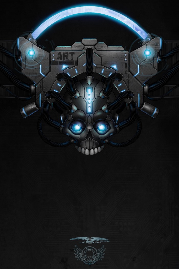 Cybernetic Skull with Blue Lights and Cables