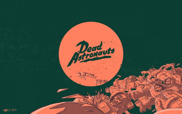 Dead Astronauts illustration with astronauts and a circle logo