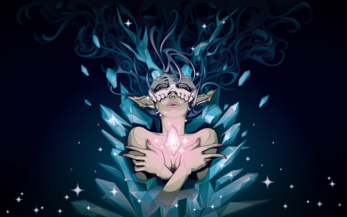 Illustration of a woman with crystals and flowing hair