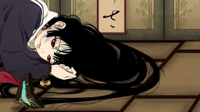 Enma Ai from Jigoku Shoujo lying down with a butterfly