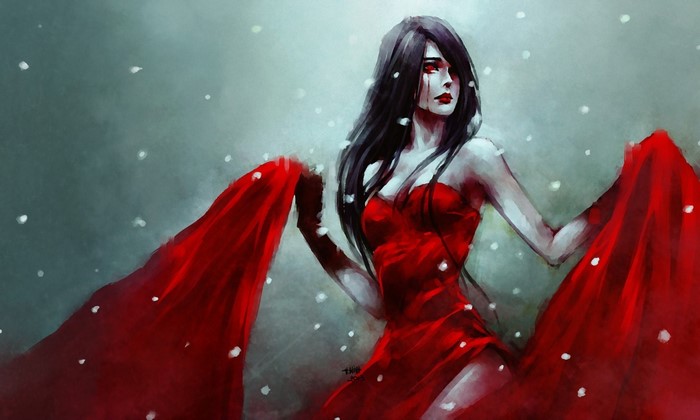 Woman in red dress with black hair and red eyes