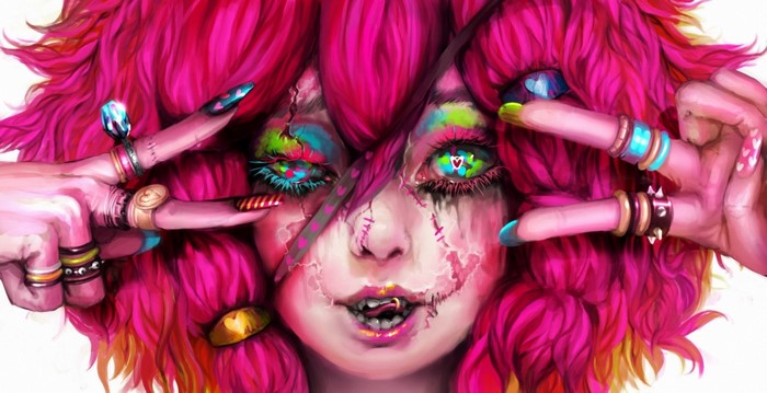 Anime illustration of a character with pink hair and stitches