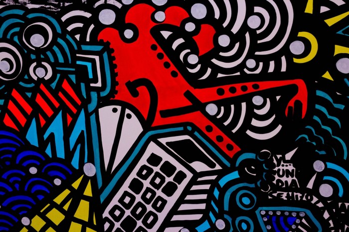Abstract illustration with red octopus and calculator