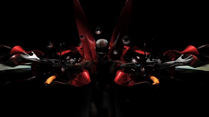 Dark Machine with Red Wings and Humanoid Figure