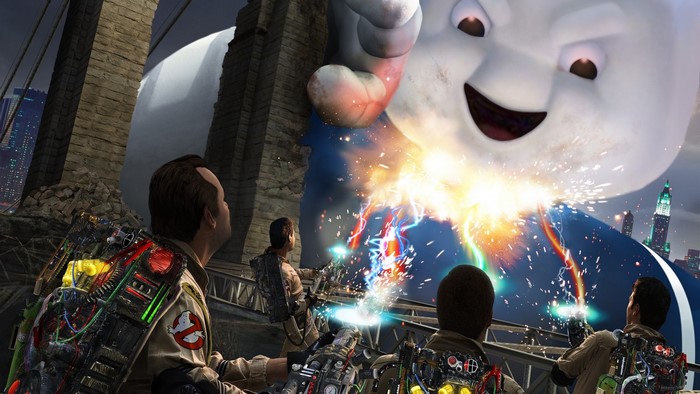 Ghostbusters fighting the Stay Puft Marshmallow Man