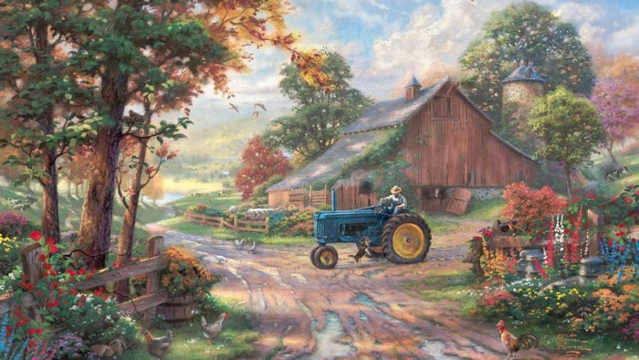 Autumn Farm Scene with Tractor and Barn