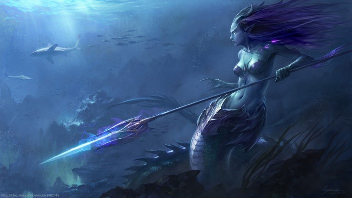 Mermaid with a spear underwater with sharks