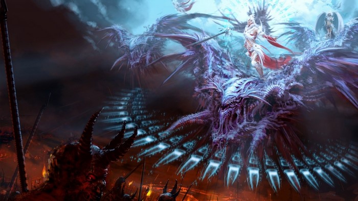 Angelic warrior battling demonic creatures