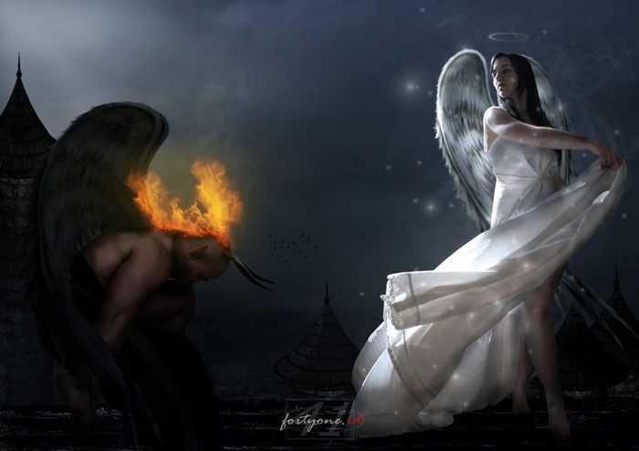 Angel and demon with fiery head