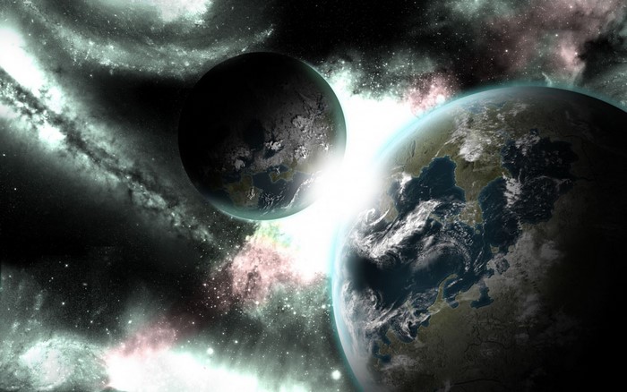 Two planets in space with nebulae