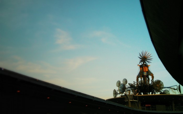 Futuristic structure against a twilight sky