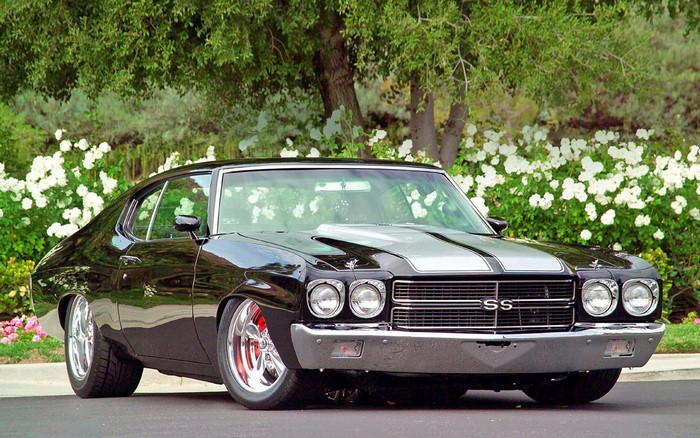 Black Chevrolet Chevelle SS muscle car with silver stripes