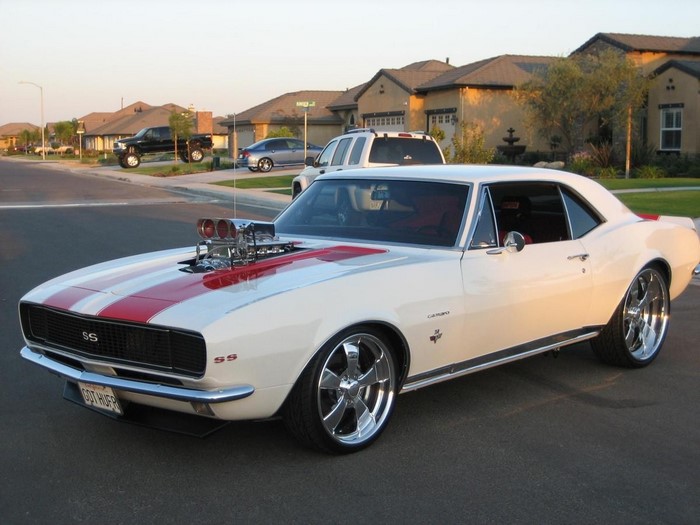 White Chevrolet Camaro SS with Red Stripes and Supercharger