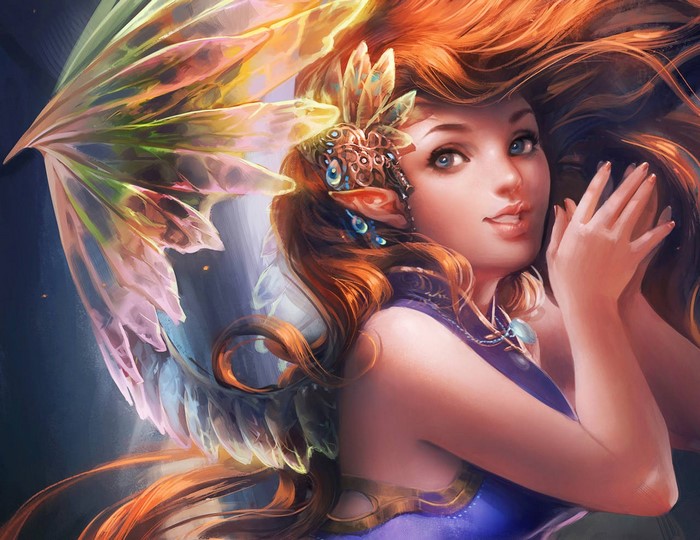 Fantasy art of a fairy with wings and red hair