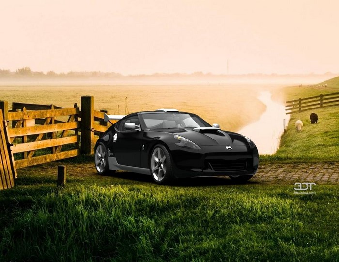 Black Nissan 370Z parked by a wooden fence in a field