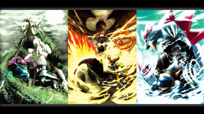 Charizard, Blastoise, and Venusaur Battle Scene