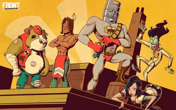Group of cartoon characters on a rooftop