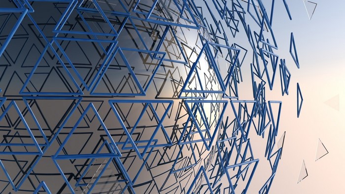 Abstract 3D blue triangles on a reflective sphere