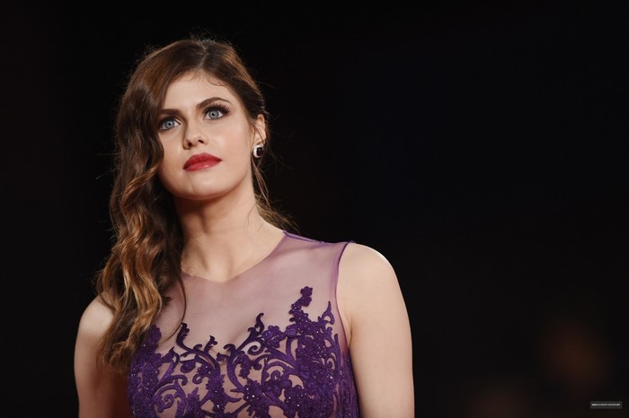 Alexandra Daddario Portrait in Purple Dress