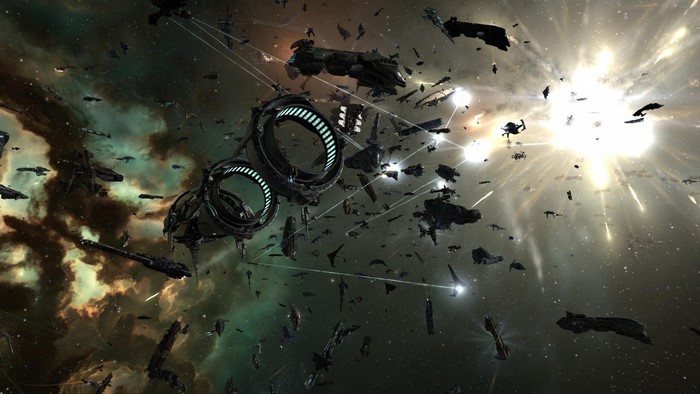 Space battle in EVE Online with explosions and spaceships