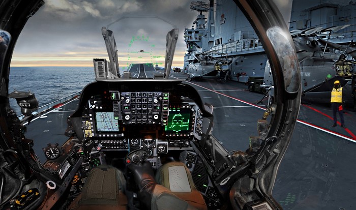 Cockpit view of a Harrier jet on an aircraft carrier