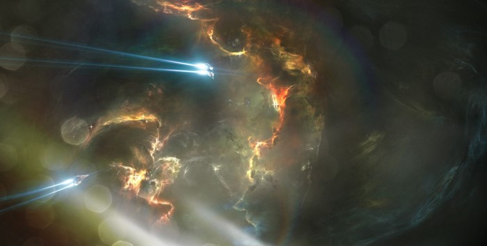 Spaceships traveling through a colorful nebula in outer space