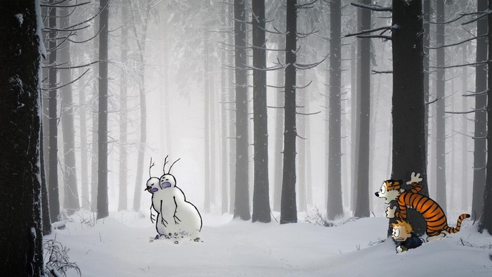 Calvin and Hobbes in a snowy forest with a snowman