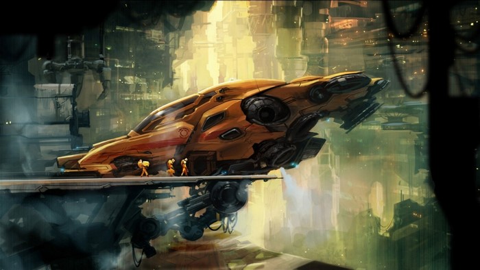 Futuristic spaceship docked in a sci-fi city