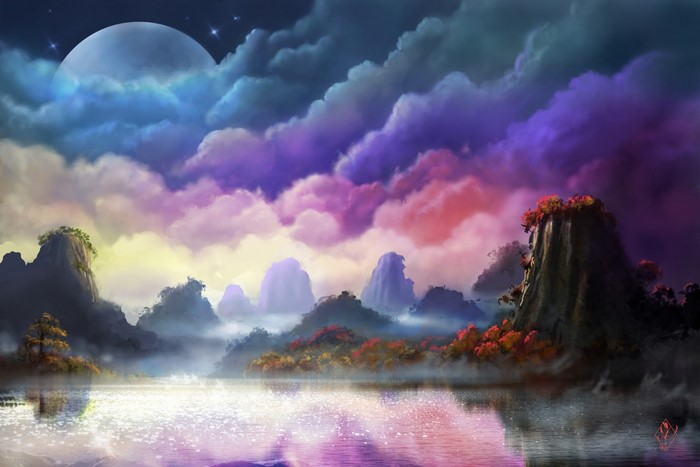 Fantasy landscape with moon and colorful clouds over a lake