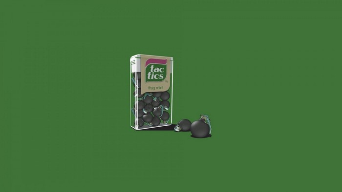 Tactics Frag Mint candy box with grenade-shaped candies