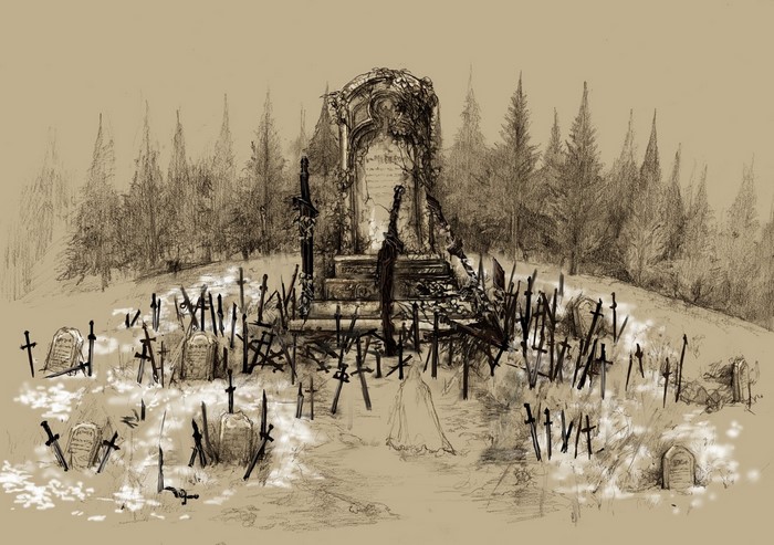 Graveyard with swords and a tomb in a forest