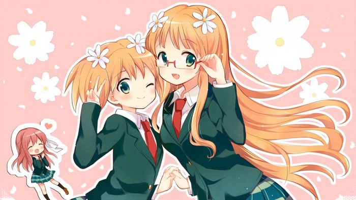 Anime girls in school uniforms with flowers
