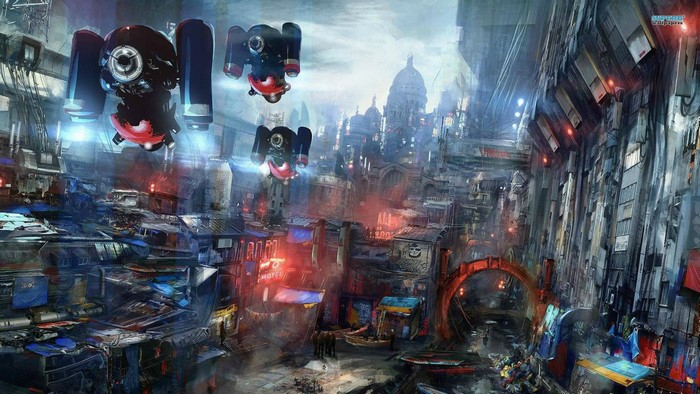 Futuristic Metropolis with Flying Drones