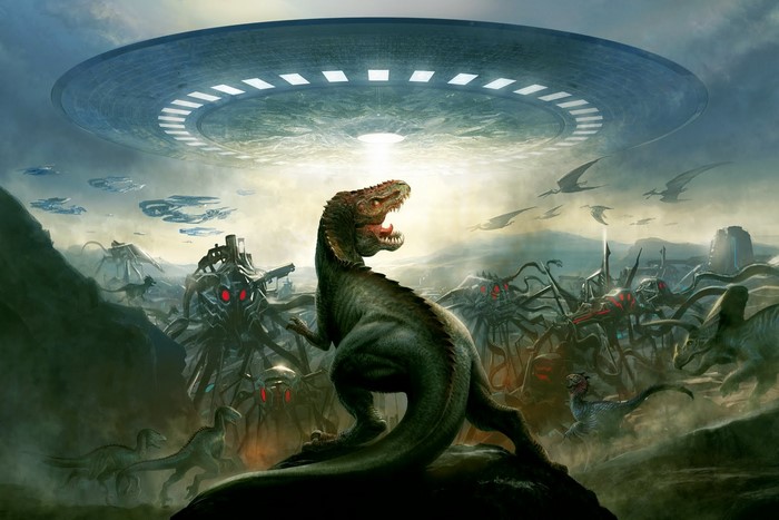 Dinosaurs and aliens battle under a UFO