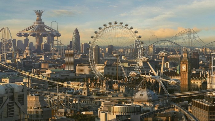Futuristic London cityscape with theme park attractions