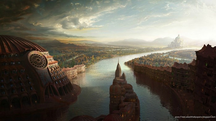 Fantasy cityscape with river and distant palace