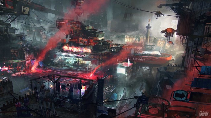 Dystopian futuristic cityscape with red smoke