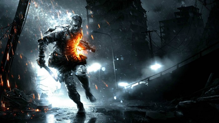 Soldier running through a destroyed urban environment