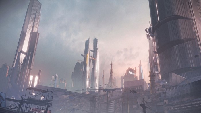 Futuristic cityscape with towering skyscrapers and construction