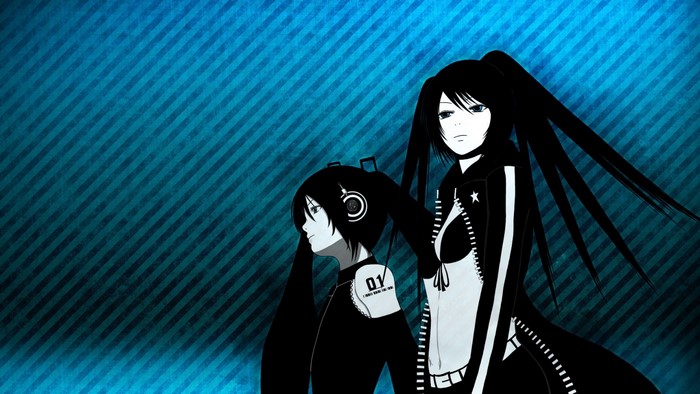 Black Rock Shooter characters on blue striped background