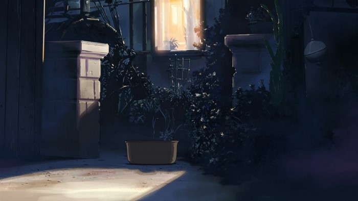 Anime screenshot of a dark courtyard with a window