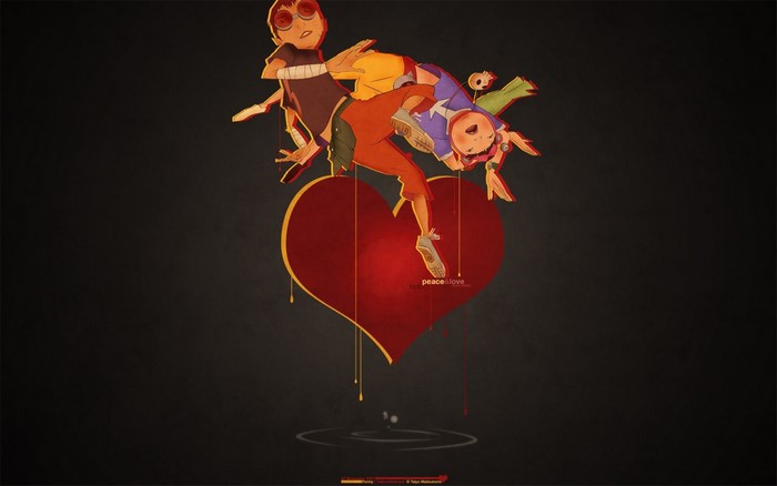 Characters from Tekkon Kinkreet floating above a heart